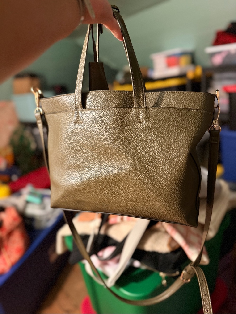 a new day Olive Green Pebbled Leather Tote with Detachable Strap